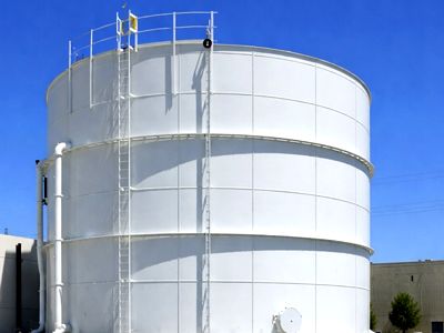 Completed elevated bolted steel storage tank installation for industrial or municipal use